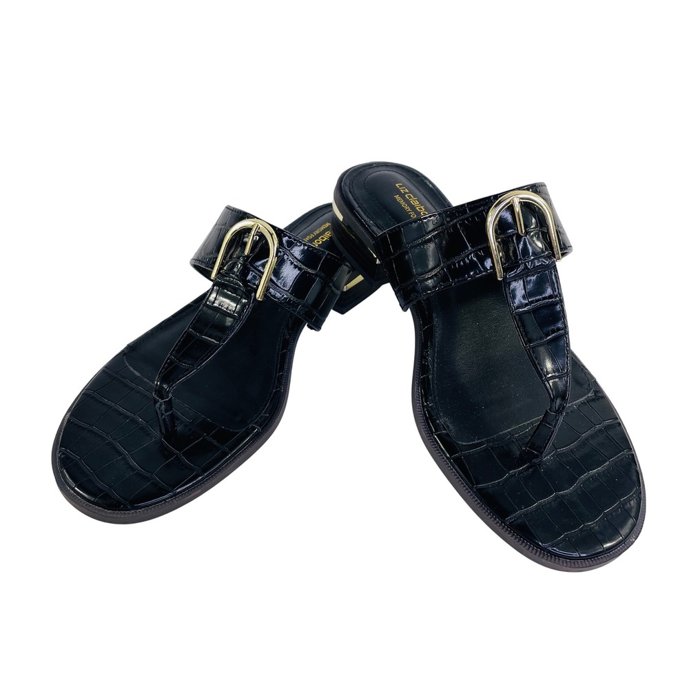 Liz Claiborne April Black Croc Embossed Buckle Thong Sandals Memory Foam 6M